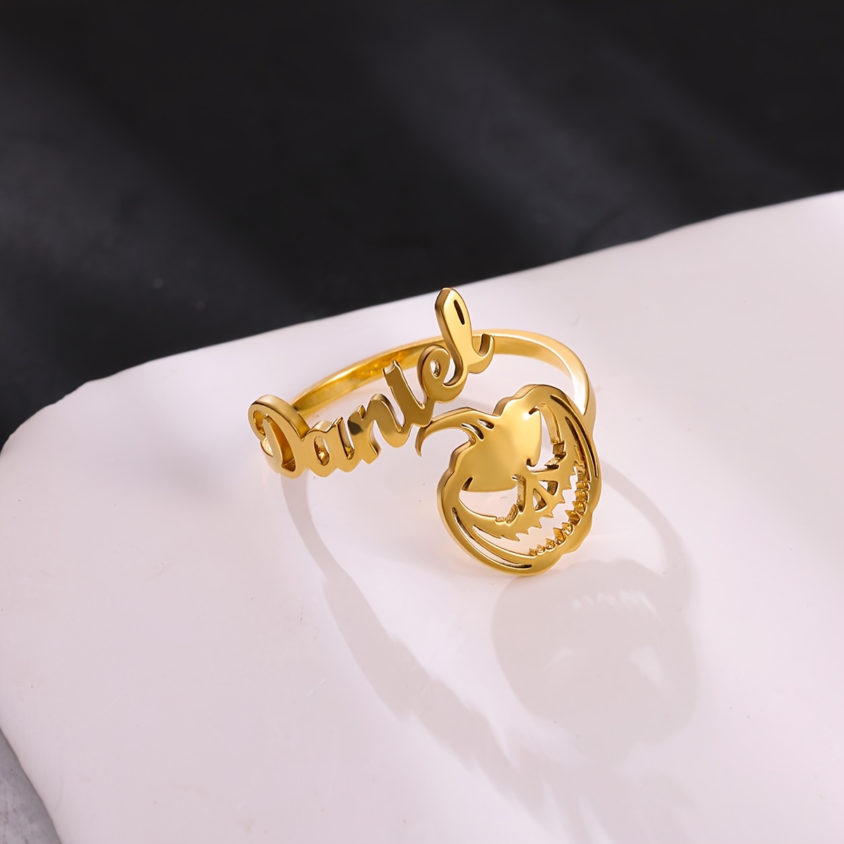 Personalized Stainless Steel Halloween Angry Pumpkin Name Open Ring